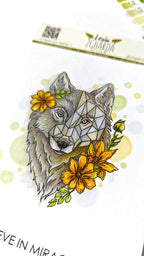 Wolf mit Blumen - Stempel